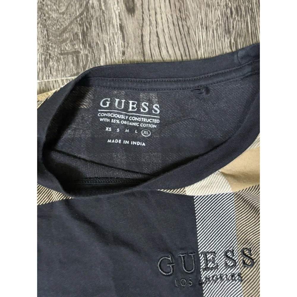GUESS Plaid Logo Men's T-Shirt XL Brown Black White Short Sleeve Embroidered Med - Picture 5 of 7